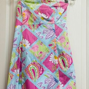 Colorful Strapless Dress with Floral and Geometric Patterns